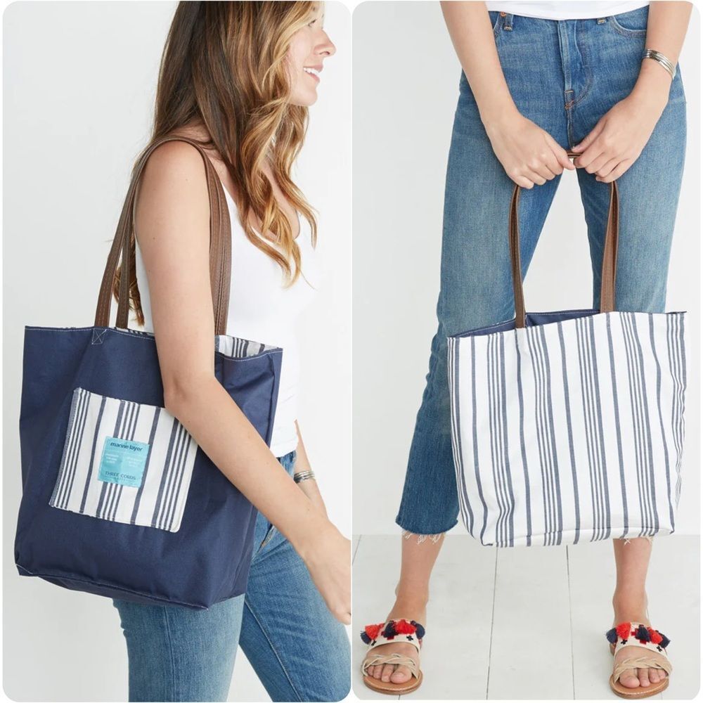 Three Cords x Marine Layer Reversible Tote in White/Blue Stripe